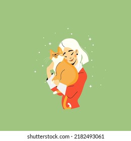 Vector card with a lovely girl and orange cat. World Cat Day. Poster, postcard.