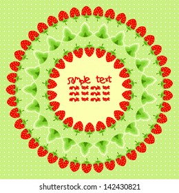Vector card made of strawberries and leaves. Juicy red and green.