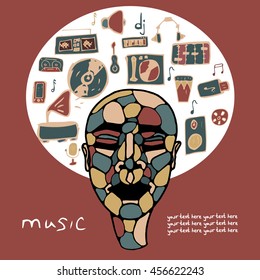 Vector card made in the style of disco. Image of a girl with an afro hairstyle. Doodles on the theme of music. There is a place for your text. Trendy. It can be used for packaging, invitations.