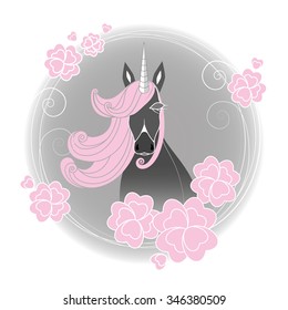 Vector card. Magic Unicorn in a flower frame. The mythological character.