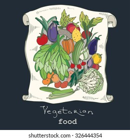 vector card for  menu design with  hand drawn vegetables and frame sketch. Vintage healthy food illustration