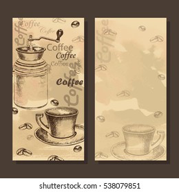 Vector card, menu with sketch of coffee set on old paper background for design