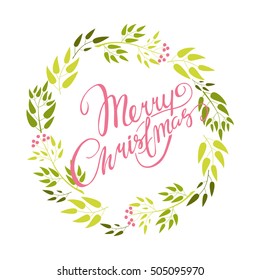 vector card. Merry Christmas. festive wreath. decorative elements. winter holiday. beautiful lettering.