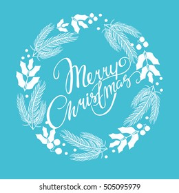 vector card. Merry Christmas. festive wreath. decorative elements. winter holiday. beautiful lettering.