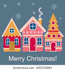 Vector card with a 'Merry Christmas' greeting, featuring festive European houses in a simple, child-friendly style. Ideal for sending warm holiday wishes.