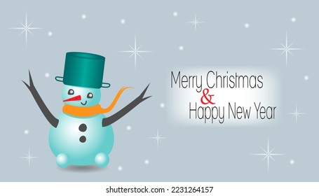 Vector card of Merry Christmas and Happy New Year. Snowman on a blue background
