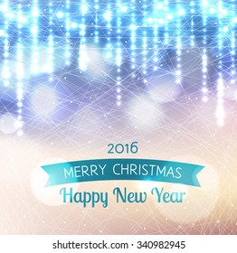 Vector card with Merry Christmas and Happy New Year 2016. Skates Ice pattern. Blurred background with lights and bokeh