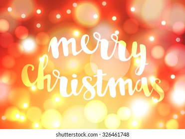 Vector card Merry Christmas on a blurred background with bokeh lights