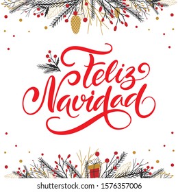 Vector card Merry Christmas translation on Spanish language Feliz Navidad. Xmas poster with winter season decoration on white background. Christmas greeting for celebration, web site, social media.