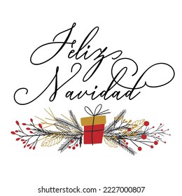 Vector card Merry Christmas translation on Spanish language Feliz Navidad. Xmas typography poster with hand drawn winter season decoration on white background. Christmas greeting card.