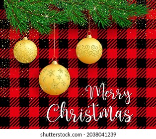 Vector card Merry Christmas with Xmas tree, golden baubles, glitter and buffalo plaid pattern. Cute typography poster, quote for Xmas greetings cards, door sign, traditional home decoration.