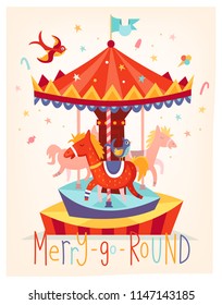 Vector card with merry go round carousel. Fun fair festival poster