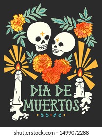 Vector card for Mexican traditional holiday Day of the dead with bright hand drawn marigolds with watercolor texture, candles and sugar skulls.