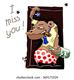 Vector card with monkey. Pathetic gorilla with bottle of alcohol nd cigars in mouth and wilted flower. Consequences of parties. Humor. Funny illustration.