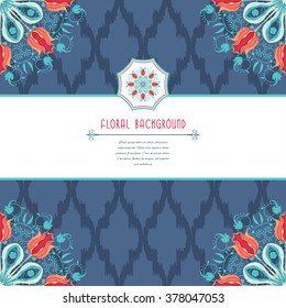 Vector card with Moroccan tiles pattern. Tulip flower round ornament and decor with curls. 