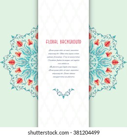 Vector card with Moroccan tiles pattern insertion. Round tulip flower pattern. Leaves and curls.