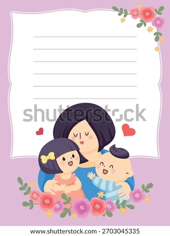 A vector card of a mother embracing a boy and a girl, framed by lavender border with flowers. Includes a ruled writing space. Perfect for Mother's Day, family announcements, and vertical greetings