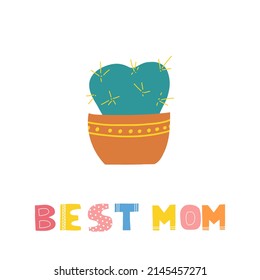 Tarjeta vectorial para el Día de la Madre con un lindo cactus y letras en dibujos animados de estilo plano aislado en fondo blanco