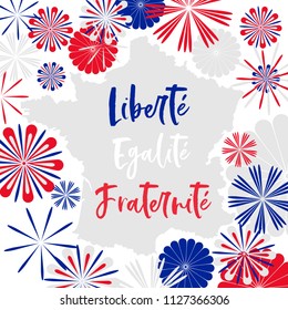 vector card with motto of France  in french meanening Liberty, Equality, Fraternity on map decorated with abstarct three colored fireworks