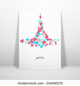 Vector card with multicolored hearts in the form of the Eiffel Tower. Valentine's Day or wedding. Place for your text.