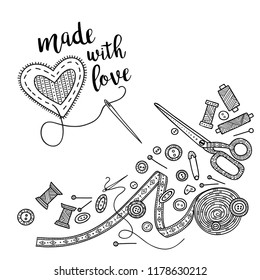 Vector card needlework theme with lettering and sewing tools. Can be printed and used as banner, card, placard, sticker, invitation, design template, label, coloring page