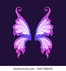 Vector card of neon butterfly wings. Tracery elf wings on a dark background. Fairytale gradient card