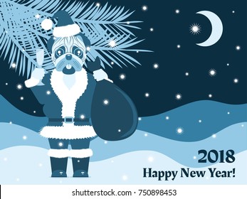 Vector card to new year in blue tones with pug dog Santa among the winter night landscape.
