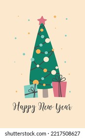 Vector card for the New Year. Christmas tree with presents. The inscription happy new year 