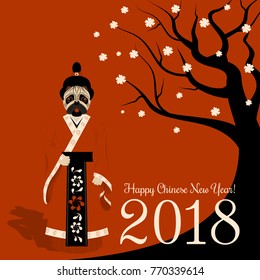 Vector card for new year with pug dog in national chinese dress standing under sakura.