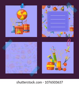 Vector card notes set with pyrotechnics