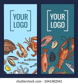 Vector card o rflyer templates with colored hand drawn seafood elements with place for text or logo illustration