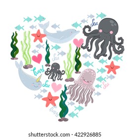 vector card with octopus, fish, starfish, dolphin, jellyfish. Happy Valentine's Day