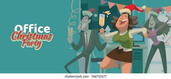 Vector card "Office Christmas party" with cartoon image of young man and women in a red Santa's hats dancing with champagne in hands on a blue background.