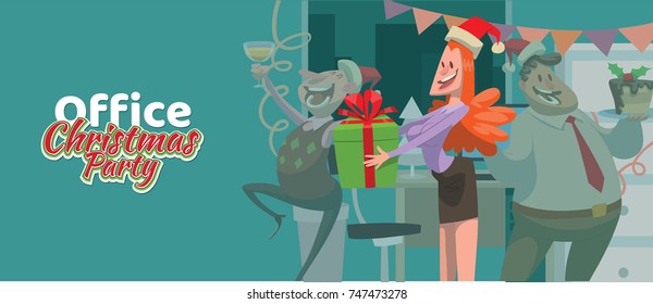 Vector card "Office Christmas party" with cartoon image of woman and men in a red Santa's hats with champagne, gift and cake in hands on a blue background. Corporate party, Christmas, New Year.