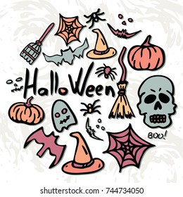 Vector card on Halloween. Images hats, pumpkins, spider webs, broom, etc. October Festival. It can be used for packaging, invitations, greeting cards, etc.