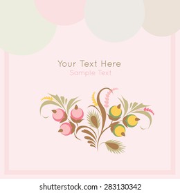 Vector card on light  background with floral ornament in folk style (Ukrainian folk art). Soft and lovely colors. Can be used for packaging, invitations, decoration etc.