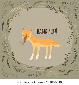 Vector card on light background with fox, plants and message Thank you!