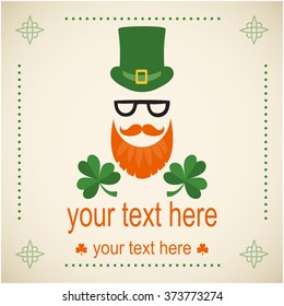 Vector card on Saint Patrick's Day character leprechaun with green hat, red beard, glasses and no face