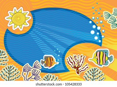 vector card on the underwater world. Fish and seaweed.