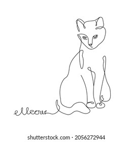 Vector card in one line art style with cute cat with text Meow. Line art illustration of cat on white background