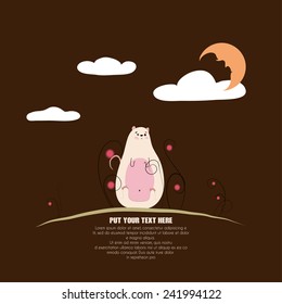 Vector card with one nice sweet pink cartoon mouse in the grass of red lights at night