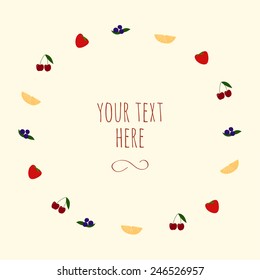 Vector card with orange, blueberry, strawberry and cherry, with text for your design.