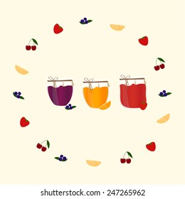 Vector card with orange, blueberry, strawberry and cherry jams,  for your design.