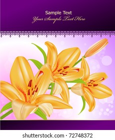 vector card: orange lilies on sparkling blur background