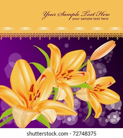 vector card: orange lilies on sparkling blur background