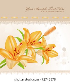 vector card: orange lilies on sparkling blur background