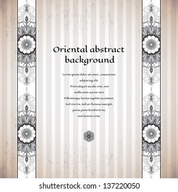 Vector card. Oriental  border on vintage striped background. Made old surface. Place for your text. Perfect for greetings, invitations or announcements. Can be used as a seamless background.