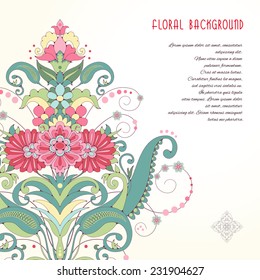Vector card. Oriental floral angular pattern. Delicate green and pink. Place for your text.