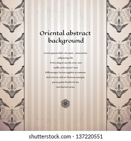 Vector card. Oriental floral border on vintage striped background. Made old surface. Place for your text. Perfect for greetings, invitations or announcements. Can be used as a seamless background.