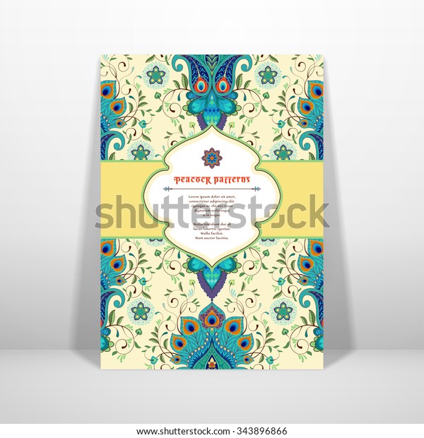 Vector card. Oriental peacock feathers pattern.\
Frame for your text.